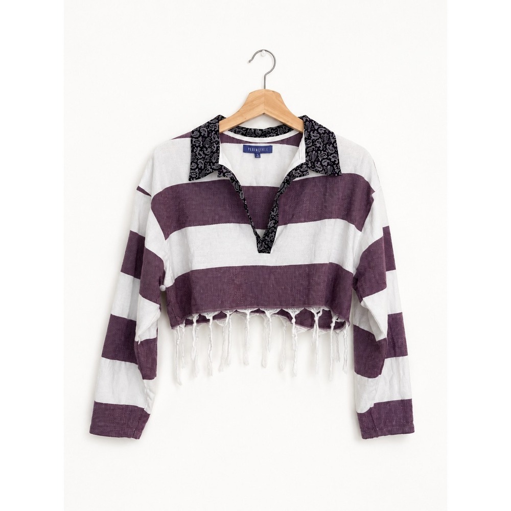 Paradised Purple White Striped Cropped Fringe Hem Tunic Top Womens %100 Cotton S